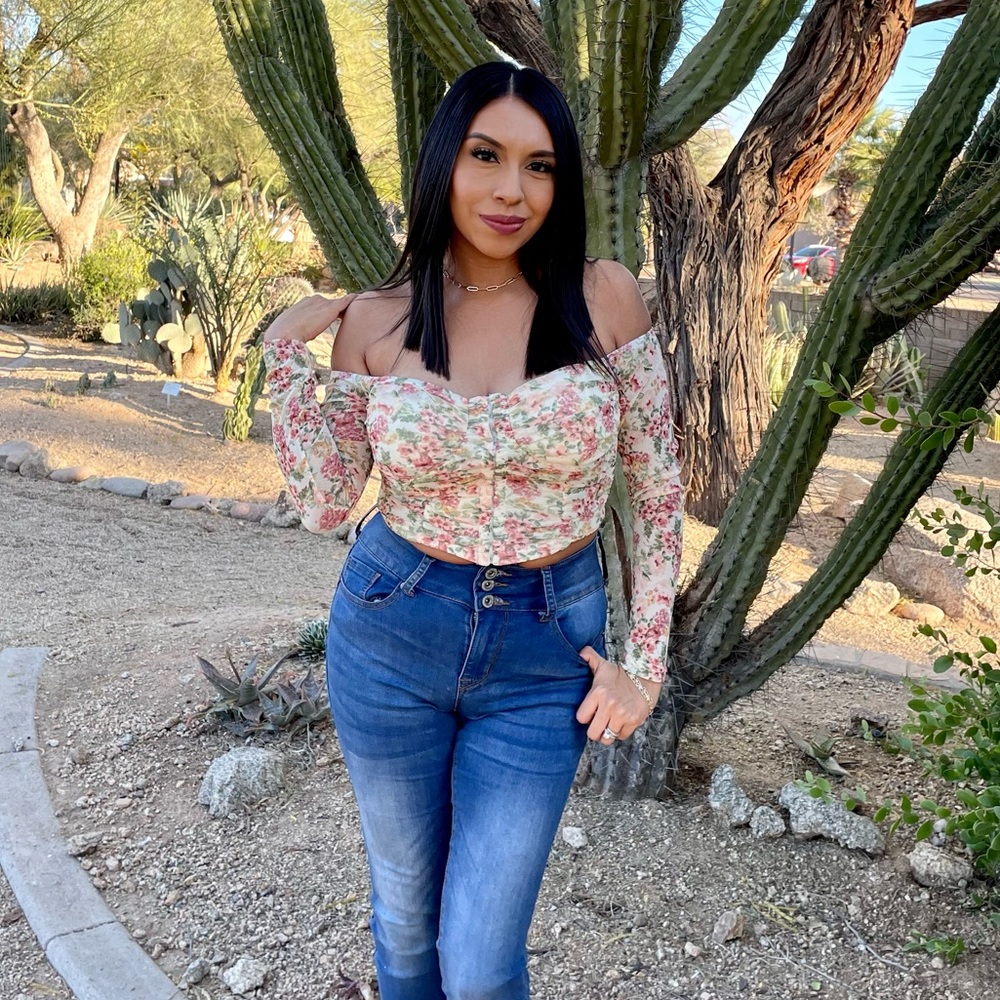 Off the shoulder corset long sleeve top, floral design